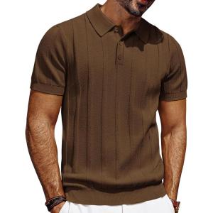 PJ PAUL JONES Mens Polo Shirts Short Sleeve Textured Knit Polo Shirt Ribbed Casual Golf Shirts(Brown)