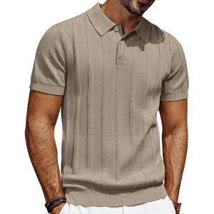 PJ PAUL JONES Mens Polo Shirts Short Sleeve Textured Knit Polo Shirt Ribbed Casual Golf Shirts(Camel)