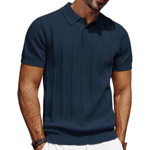 PJ PAUL JONES Mens Polo Shirts Short Sleeve Textured Knit Polo Shirt Ribbed Casual Golf Shirts(Navy Blue)