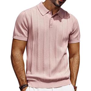 PJ PAUL JONES Mens Polo Shirts Short Sleeve Textured Knit Polo Shirt Ribbed Casual Golf Shirts(Pink)