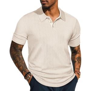PJ PAUL JONES Mens Polo Shirts Short Sleeve Textured Polo T Shirt Summer Casual Knitted Golf Shirt(Apricot)