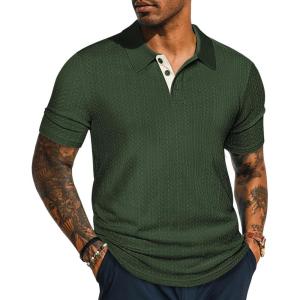 PJ PAUL JONES Mens Polo Shirts Short Sleeve Textured Polo T Shirt Summer Casual Knitted Golf Shirt(Army Green)