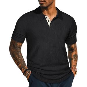 PJ PAUL JONES Mens Polo Shirts Short Sleeve Textured Polo T Shirt Summer Casual Knitted Golf Shirt(Black)