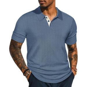 PJ PAUL JONES Mens Polo Shirts Short Sleeve Textured Polo T Shirt Summer Casual Knitted Golf Shirt(Dark Blue)