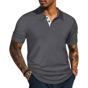 PJ PAUL JONES Mens Polo Shirts Short Sleeve Textured Polo T Shirt Summer Casual Knitted Golf Shirt(Dark Gray)