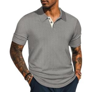 PJ PAUL JONES Mens Polo Shirts Short Sleeve Textured Polo T Shirt Summer Casual Knitted Golf Shirt(Gray)