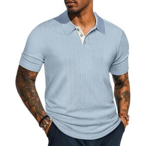 PJ PAUL JONES Mens Polo Shirts Short Sleeve Textured Polo T Shirt Summer Casual Knitted Golf Shirt(Gray Blue)