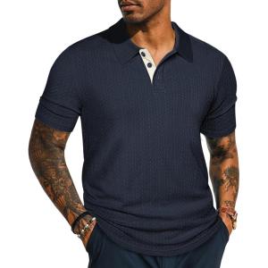 PJ PAUL JONES Mens Polo Shirts Short Sleeve Textured Polo T Shirt Summer Casual Knitted Golf Shirt(Navy Blue)