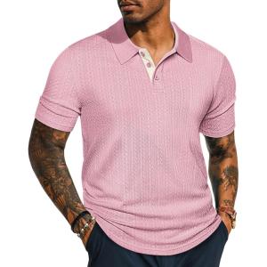PJ PAUL JONES Mens Polo Shirts Short Sleeve Textured Polo T Shirt Summer Casual Knitted Golf Shirt(Pink)