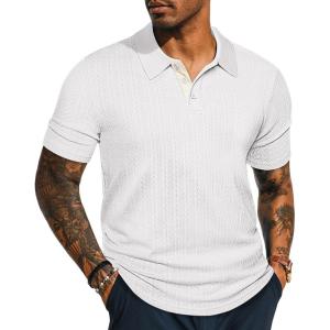 PJ PAUL JONES Mens Polo Shirts Short Sleeve Textured Polo T Shirt Summer Casual Knitted Golf Shirt(White)