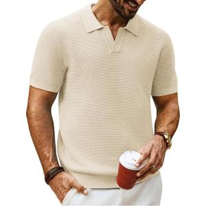 PJ PAUL JONES Mens Polo Shirts Short Sleeve V Neck Knit Textured Polo Knitted Golf Shirt(Apricot)