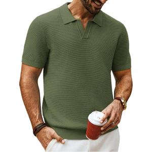 PJ PAUL JONES Mens Polo Shirts Short Sleeve V Neck Knit Textured Polo Knitted Golf Shirt(Army Green)