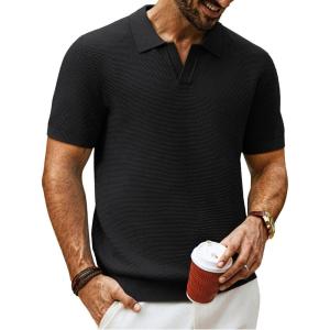 PJ PAUL JONES Mens Polo Shirts Short Sleeve V Neck Knit Textured Polo Knitted Golf Shirt(Black)