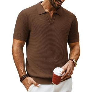 PJ PAUL JONES Mens Polo Shirts Short Sleeve V Neck Knit Textured Polo Knitted Golf Shirt(Coffee)
