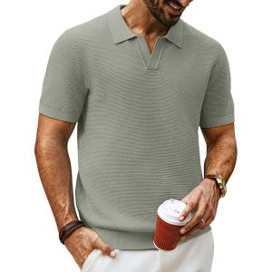 PJ PAUL JONES Mens Polo Shirts Short Sleeve V Neck Knit Textured Polo Knitted Golf Shirt(Green)