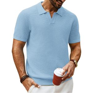 PJ PAUL JONES Mens Polo Shirts Short Sleeve V Neck Knit Textured Polo Knitted Golf Shirt(Light Blue)