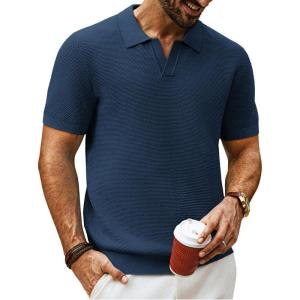 PJ PAUL JONES Mens Polo Shirts Short Sleeve V Neck Knit Textured Polo Knitted Golf Shirt(Royal Blue)