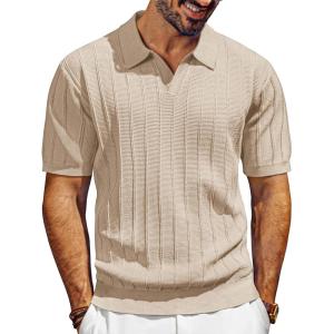 PJ PAUL JONES Mens Polo Shirts V-Neck Knit Polo Textured Summer Shirts(Apricot)