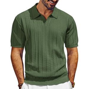 PJ PAUL JONES Mens Polo Shirts V-Neck Knit Polo Textured Summer Shirts(Army Green)