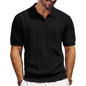 PJ PAUL JONES Mens Polo Shirts V-Neck Knit Polo Textured Summer Shirts(Black)