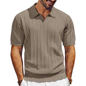 PJ PAUL JONES Mens Polo Shirts V-Neck Knit Polo Textured Summer Shirts(Camel)