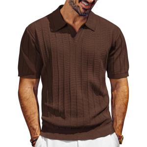 PJ PAUL JONES Mens Polo Shirts V-Neck Knit Polo Textured Summer Shirts(Coffee)