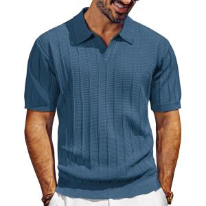 PJ PAUL JONES Mens Polo Shirts V-Neck Knit Polo Textured Summer Shirts(Indigo Blue)