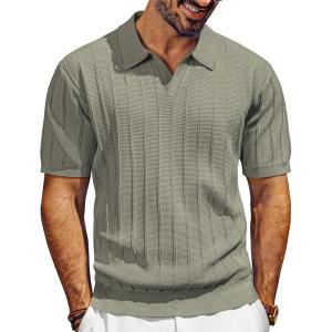 PJ PAUL JONES Mens Polo Shirts V-Neck Knit Polo Textured Summer Shirts(Khaki)