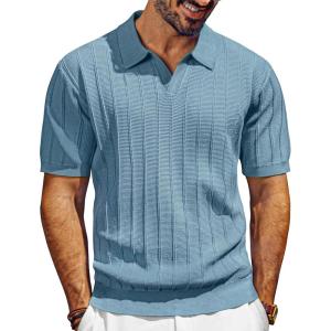 PJ PAUL JONES Mens Polo Shirts V-Neck Knit Polo Textured Summer Shirts(Light Blue)