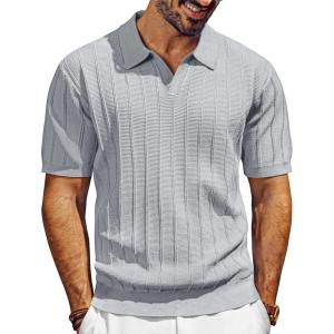 PJ PAUL JONES Mens Polo Shirts V-Neck Knit Polo Textured Summer Shirts(Light Grey)