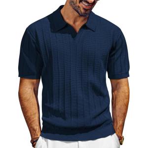 PJ PAUL JONES Mens Polo Shirts V-Neck Knit Polo Textured Summer Shirts(Navy Blue)