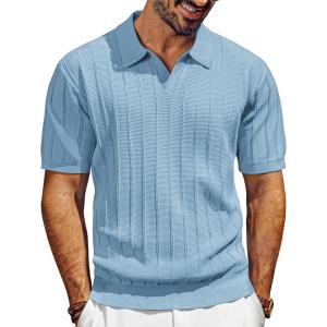 PJ PAUL JONES Mens Polo Shirts V-Neck Knit Polo Textured Summer Shirts(Sky Blue)