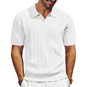 PJ PAUL JONES Mens Polo Shirts V-Neck Knit Polo Textured Summer Shirts(White)