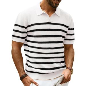 PJ PAUL JONES Mens Polo Shirts V-Neck Knit Polo Textured Summer Shirts(White-stripe)
