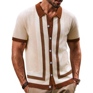 PJ PAUL JONES Mens Polo Shirts Vintage Striped Button Down Knitted Golf Shirts(Apricot-vintage)