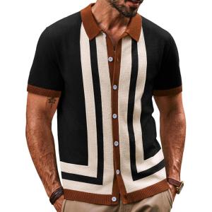 PJ PAUL JONES Mens Polo Shirts Vintage Striped Button Down Knitted Golf Shirts(Black-vintage)