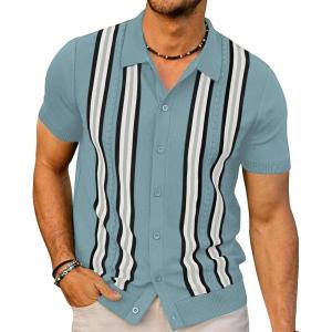 PJ PAUL JONES Mens Polo Shirts Vintage Striped Button Down Knitted Golf Shirts(Blue)