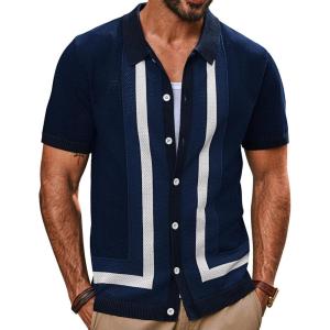 PJ PAUL JONES Mens Polo Shirts Vintage Striped Button Down Knitted Golf Shirts(Dark Blue-vintage)