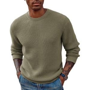 PJ PAUL JONES Mens Pullover Sweater Waffle Textured Long Sleeve Knitted Sweaters(Army Green)