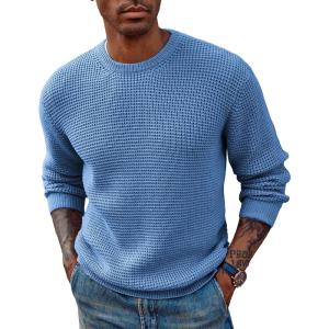 PJ PAUL JONES Mens Pullover Sweater Waffle Textured Long Sleeve Knitted Sweaters(Blue)