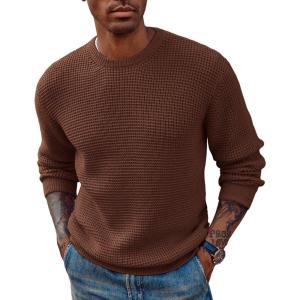 PJ PAUL JONES Mens Pullover Sweater Waffle Textured Long Sleeve Knitted Sweaters(Brown)