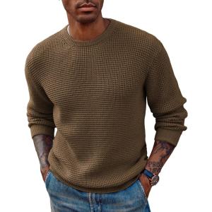 PJ PAUL JONES Mens Pullover Sweater Waffle Textured Long Sleeve Knitted Sweaters(Camel)