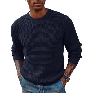 PJ PAUL JONES Mens Pullover Sweater Waffle Textured Long Sleeve Knitted Sweaters(Dark Blue)