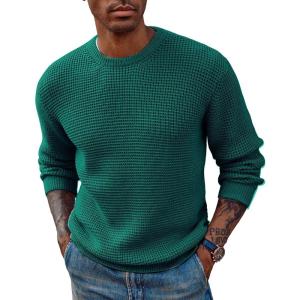 PJ PAUL JONES Mens Pullover Sweater Waffle Textured Long Sleeve Knitted Sweaters(Emerald)