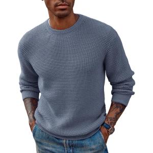 PJ PAUL JONES Mens Pullover Sweater Waffle Textured Long Sleeve Knitted Sweaters(Grey Blue)