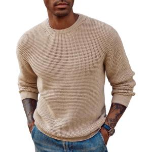 PJ PAUL JONES Mens Pullover Sweater Waffle Textured Long Sleeve Knitted Sweaters(Khaki)