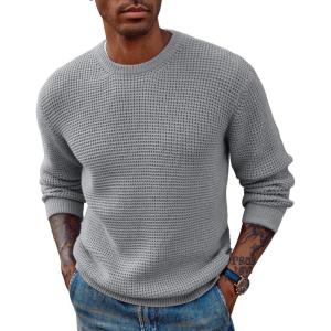 PJ PAUL JONES Mens Pullover Sweater Waffle Textured Long Sleeve Knitted Sweaters(Light Grey)