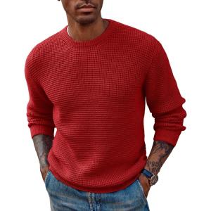 PJ PAUL JONES Mens Pullover Sweater Waffle Textured Long Sleeve Knitted Sweaters(Red)