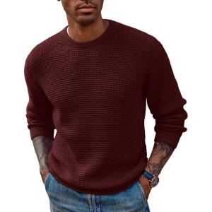 PJ PAUL JONES Mens Pullover Sweater Waffle Textured Long Sleeve Knitted Sweaters(Wine Red)
