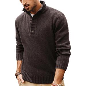 PJ PAUL JONES Mens Pullover Sweaters Quarter Button Sweater Stand Collar Knit Pullovers(Coffee)